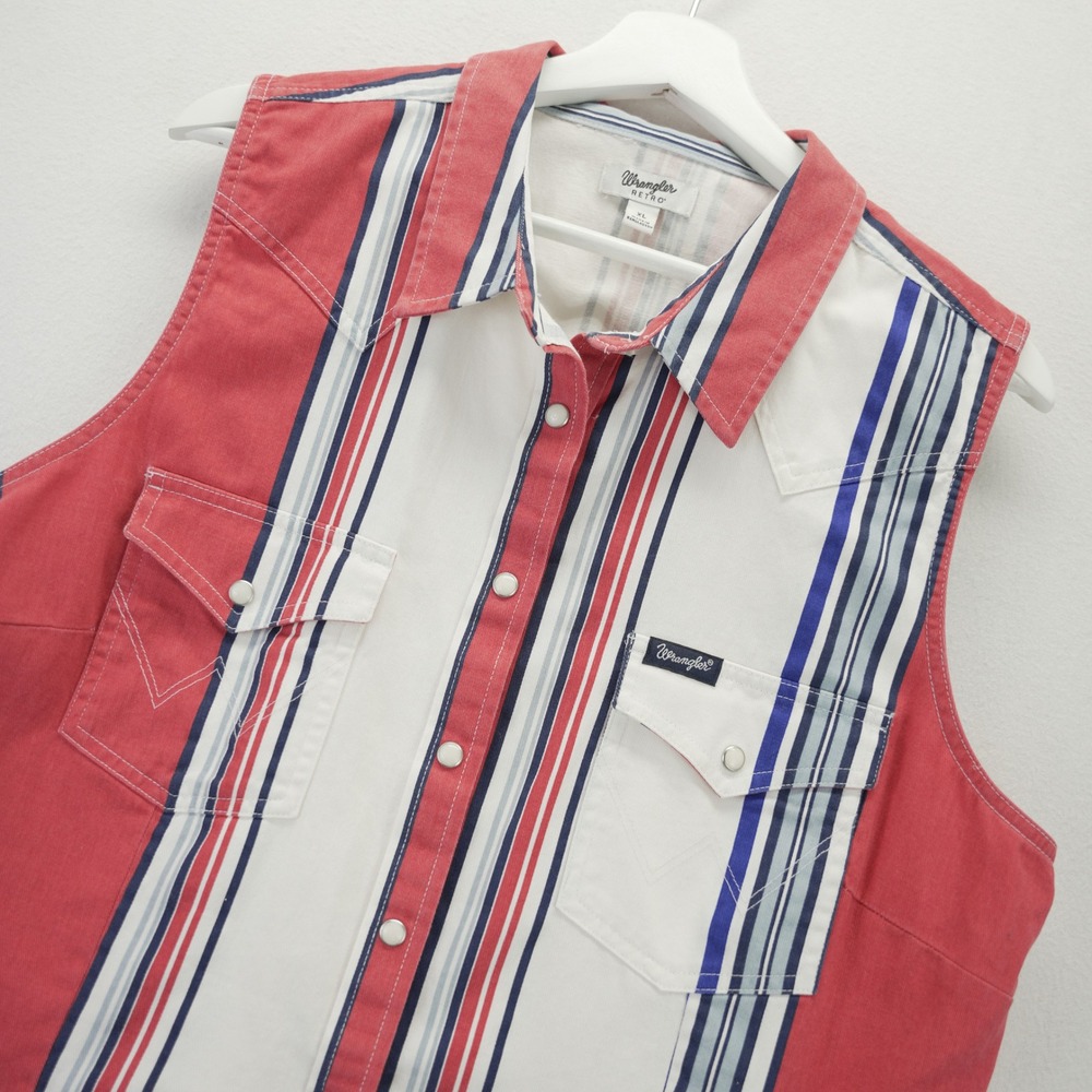 Wrangler Retro Womens XL Red White Blue Striped Sleeveless Western Snap Shirt